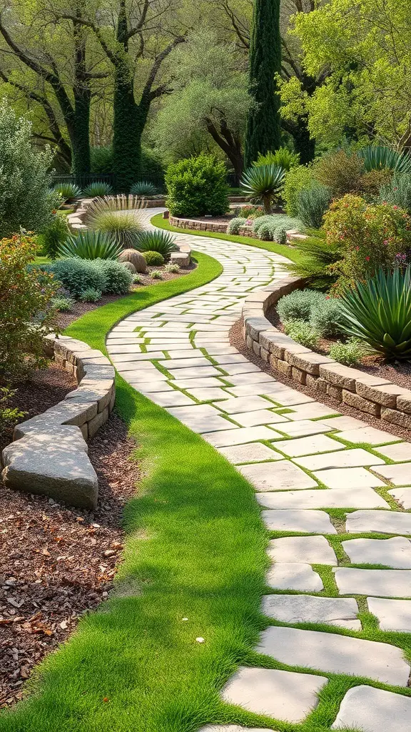 29+ Inspiring Tuscan Garden Ideas for Your Outdoor Oasis 9 Curved stone pathway surrounded by greenery and plants in a garden