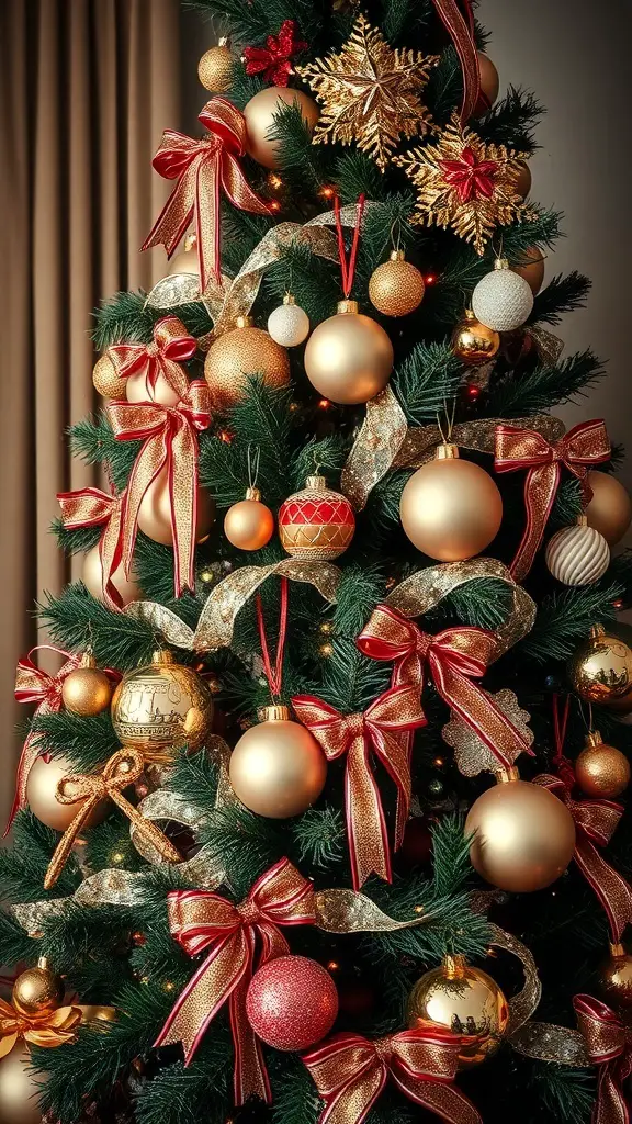 A beautifully decorated Christmas tree with gold and red metallic ornaments and ribbons.