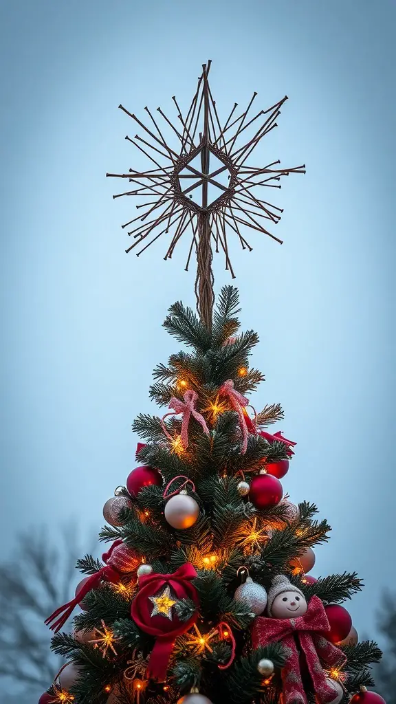 A Yule Christmas tree with a star-shaped natural topper, decorated with red ornaments and warm lights.