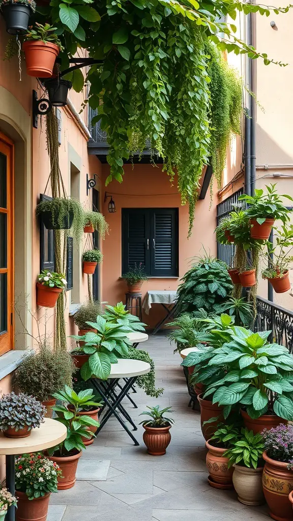 27+ Stunning Italian Terrace Ideas for Your Outdoor Escape 7 A beautiful Italian terrace filled with lush greenery and potted plants.