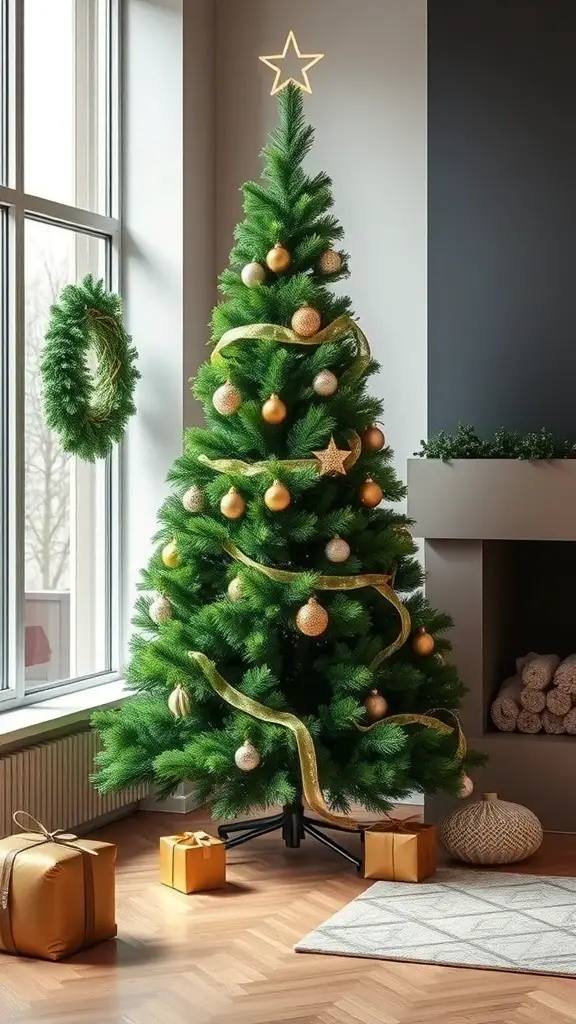 A beautifully decorated green velvet Christmas tree with golden ornaments and a star on top, surrounded by wrapped gifts.