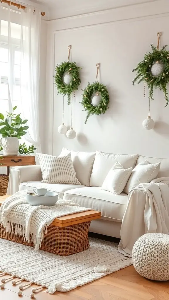 A cozy living room with a white sofa, decorative wreaths, and soft textiles.