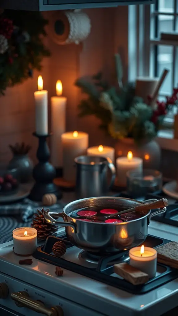 A cozy kitchen scene with candles and a pot of mulled wine on the stove.