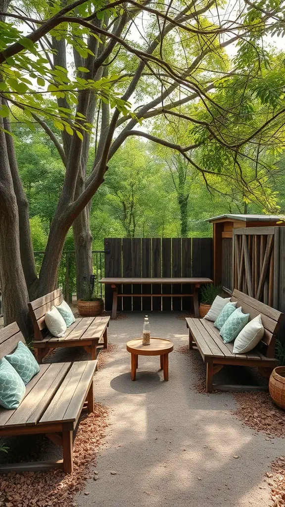 A rustic seating area with wooden benches and a table surrounded by trees