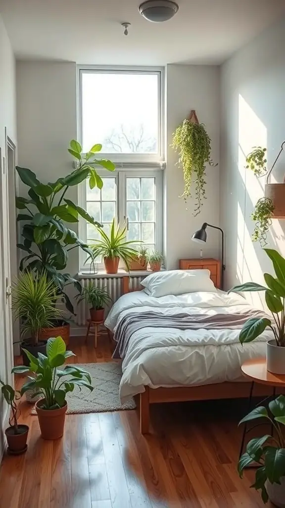 A small bedroom featuring a full-size bed surrounded by various indoor plants.