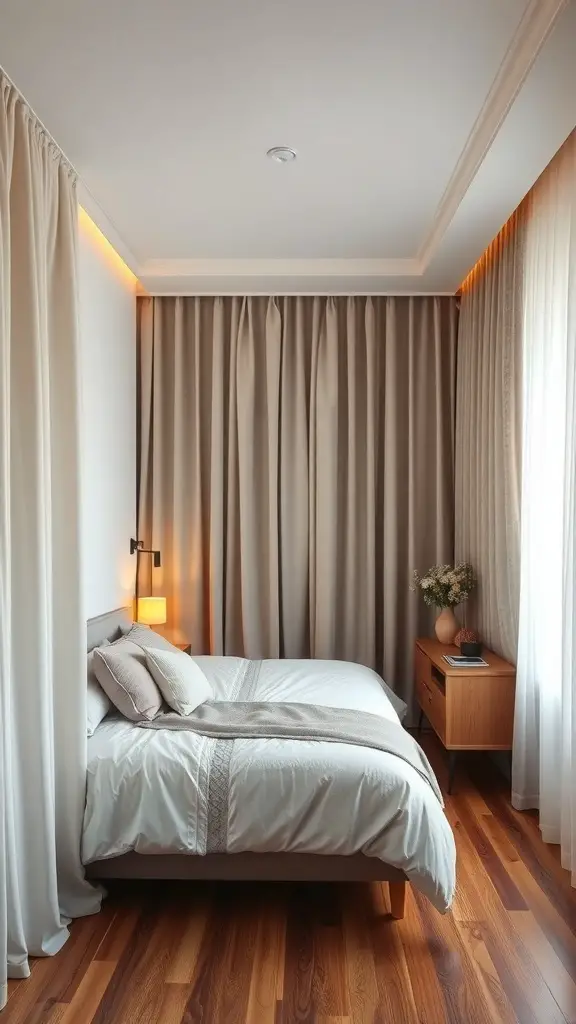 31+ Genius Narrow Bedroom Ideas to Maximize Space 4 A narrow bedroom with soft curtains creating a cozy sleeping area.