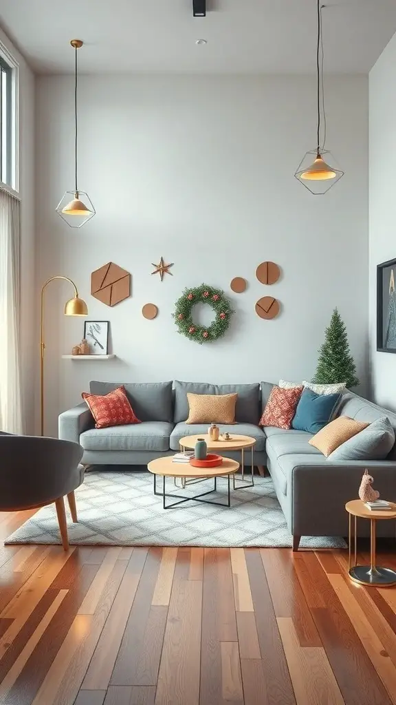 Cozy living room with geometric holiday decor, featuring a mix of shapes on the wall and warm lighting.