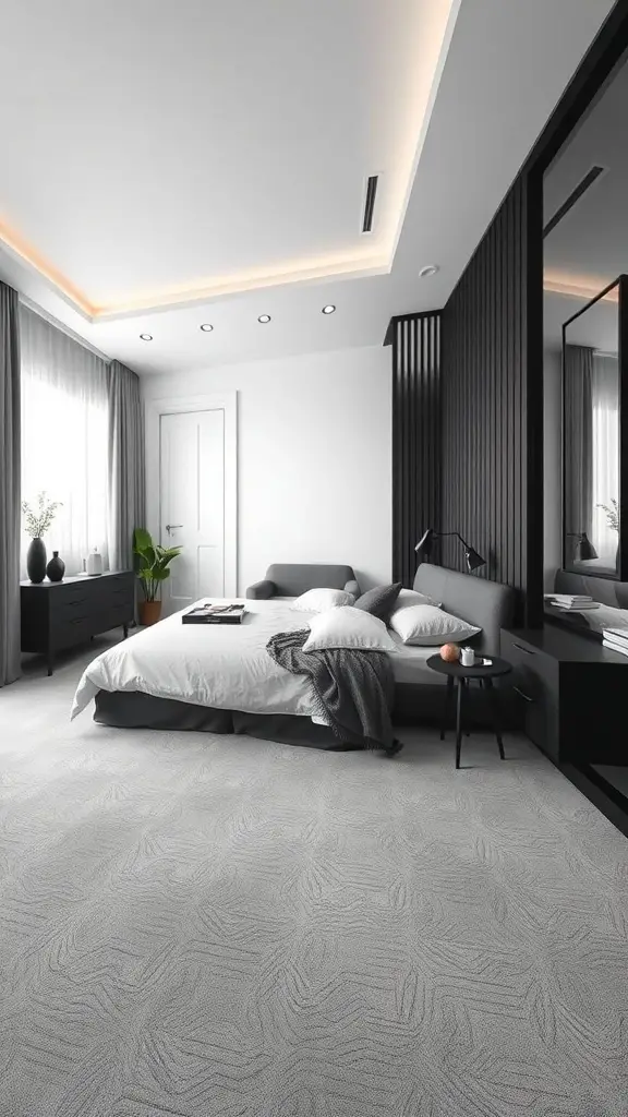 23+ Stylish Grey Carpet Bedroom Ideas for a Cozy Retreat 8 A modern bedroom featuring a grey carpet, dark furniture, and natural light.