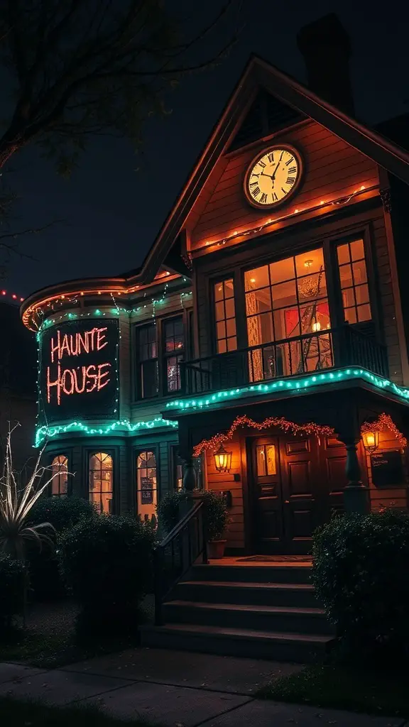 A haunted house decorated for Halloween with colorful lights and a sign reading 'Haunte House'.