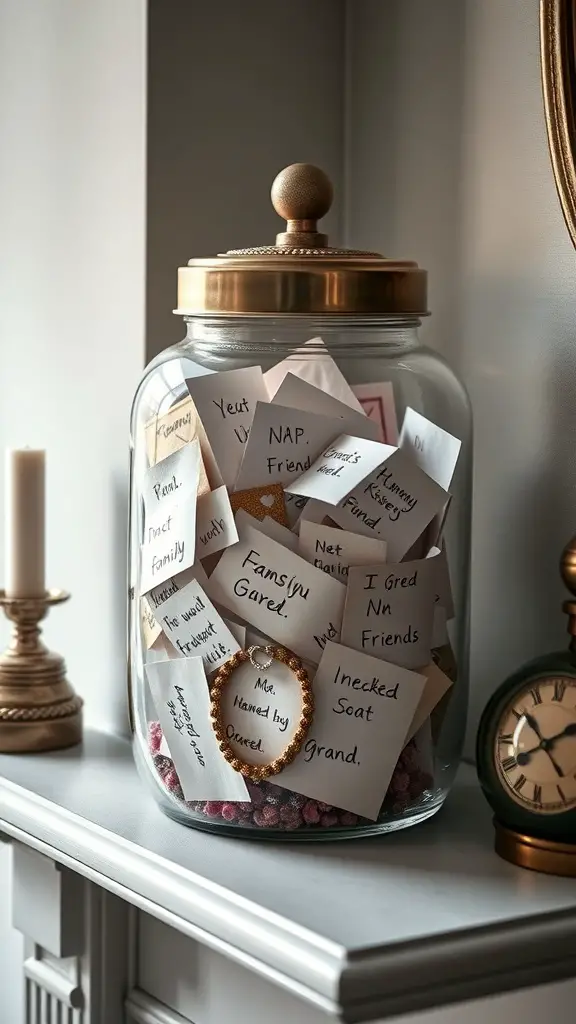 A decorative memory jar filled with notes and memories for an engagement party.