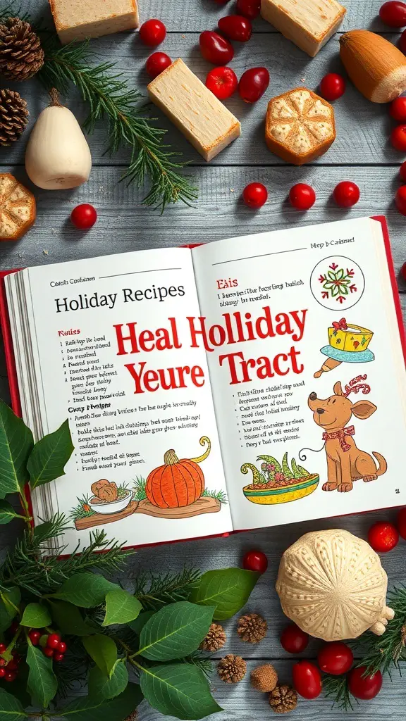 Open holiday recipe book with festive decorations around it.