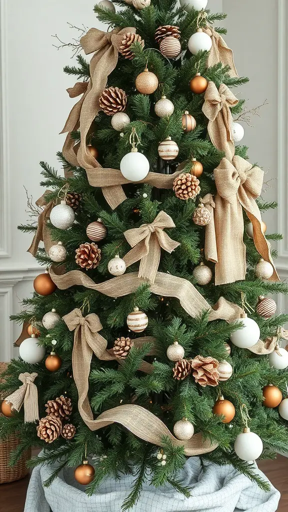 A beautifully decorated Christmas tree with burlap ribbons, ornaments, and pinecones.