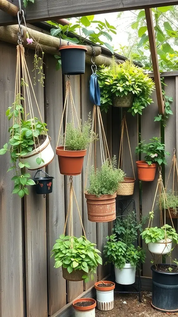 A collection of hanging pots with various herbs, showcasing a rustic garden setup.