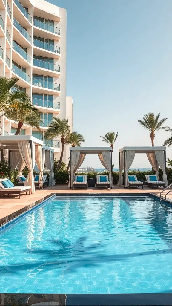 A serene hotel pool area featuring private cabanas and lounge chairs surrounded by palm trees.