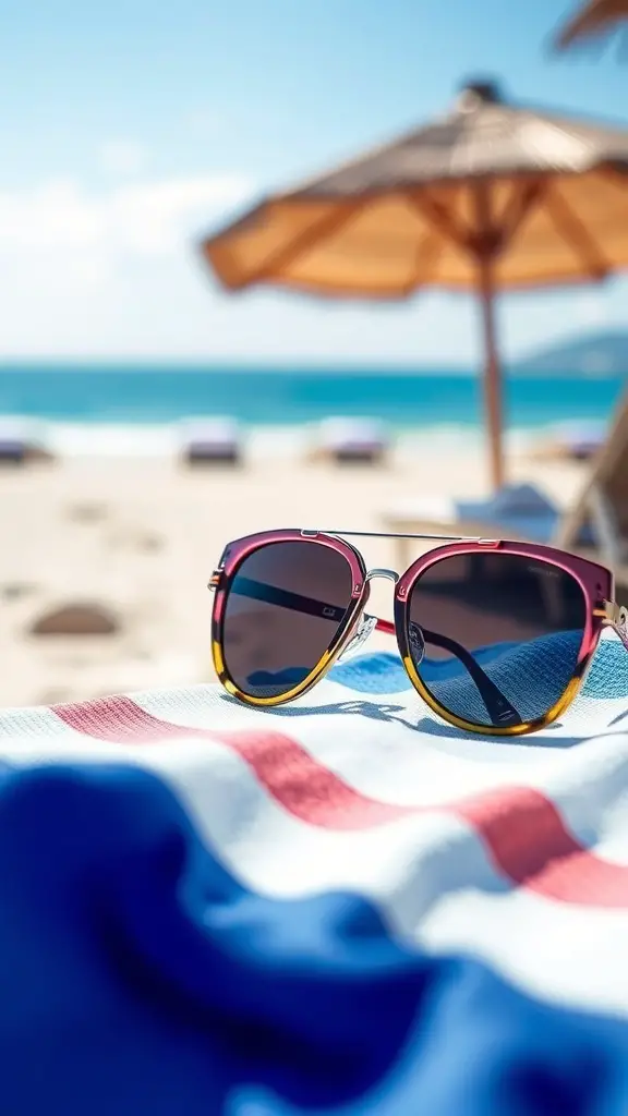 A pair of stylish sunglasses on a beach towel with a sunny beach in the background.