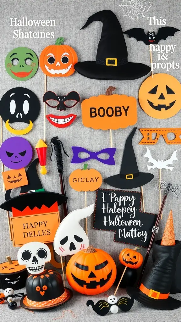 A collection of Halloween photo booth props including pumpkins, hats, and masks.