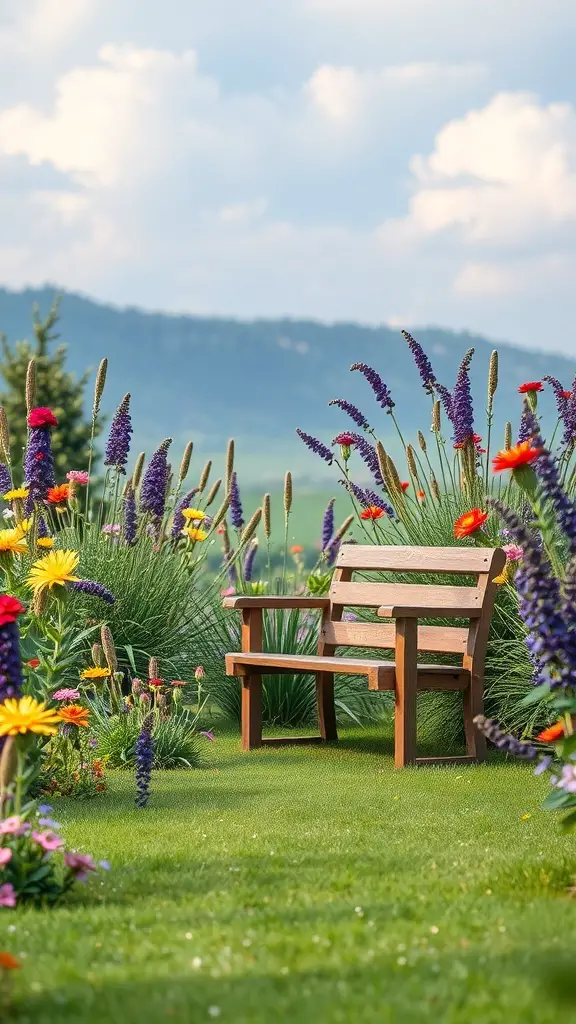 27+ Stunning Wildflower Landscaping Ideas for Your Garden 14 A serene wildflower garden with a wooden bench surrounded by colorful flowers