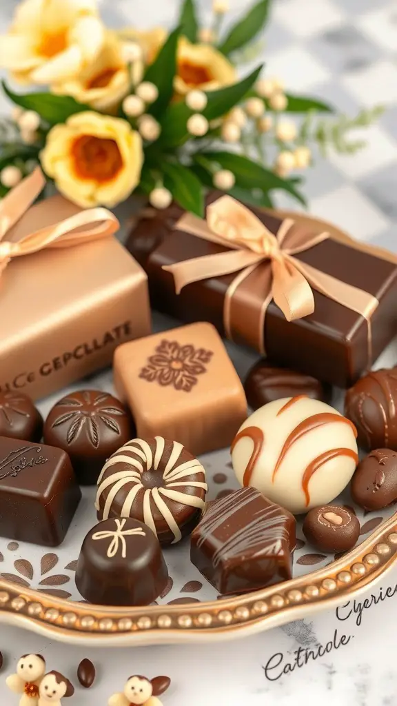15 Unique Bridesmaid Gift Ideas to Show Your Appreciation 12 A beautiful assortment of artisan chocolates arranged on a decorative plate with flowers in the background.