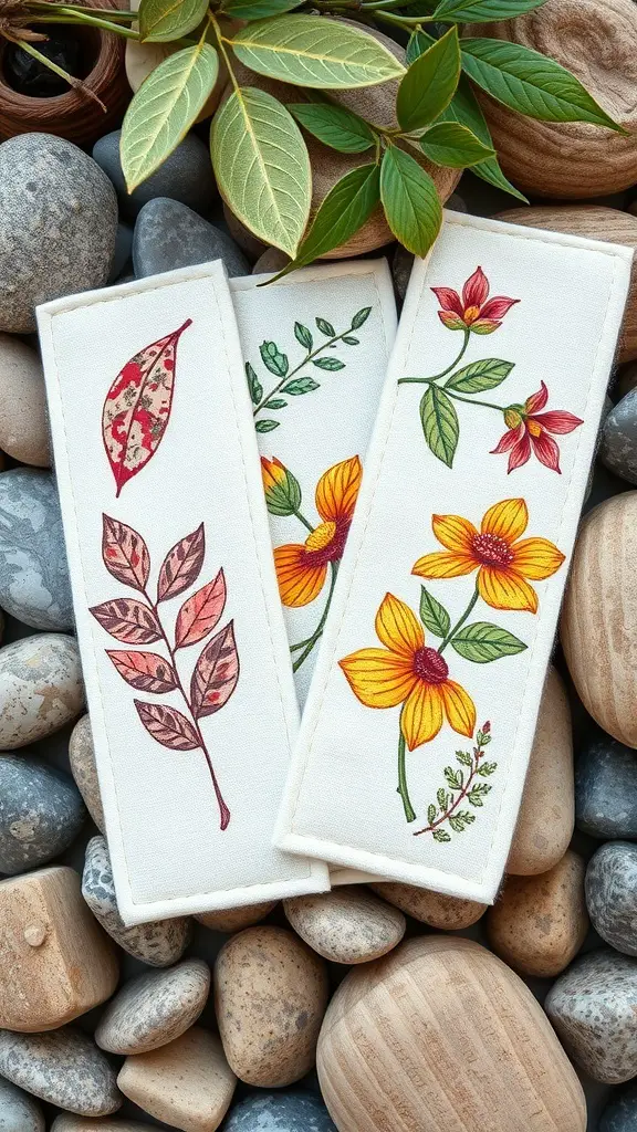 27+ Creative Fabric Bookmark Ideas to Elevate Your Reading Experience 3 Three fabric bookmarks with floral and leaf designs on a bed of stones