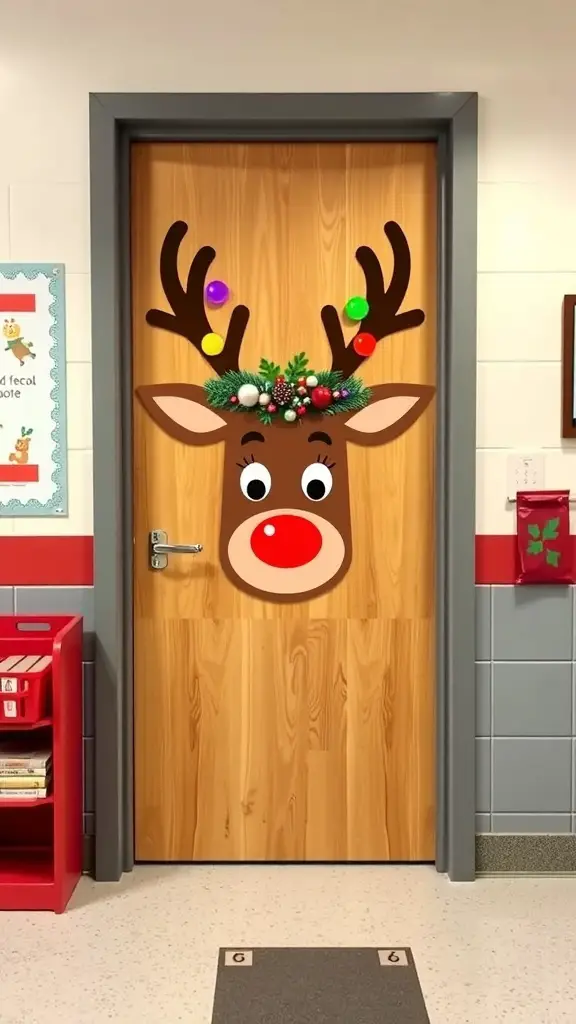 Classroom door decorated as a reindeer with colorful ornaments and a red nose