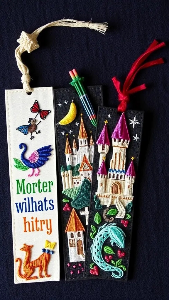 An embroidered bookmark featuring a colorful fairy tale castle with pink towers, surrounded by trees and playful creatures.