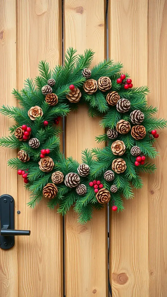 A festive wreath made of pinecones, evergreen branches, and red berries hanging on a wooden door.