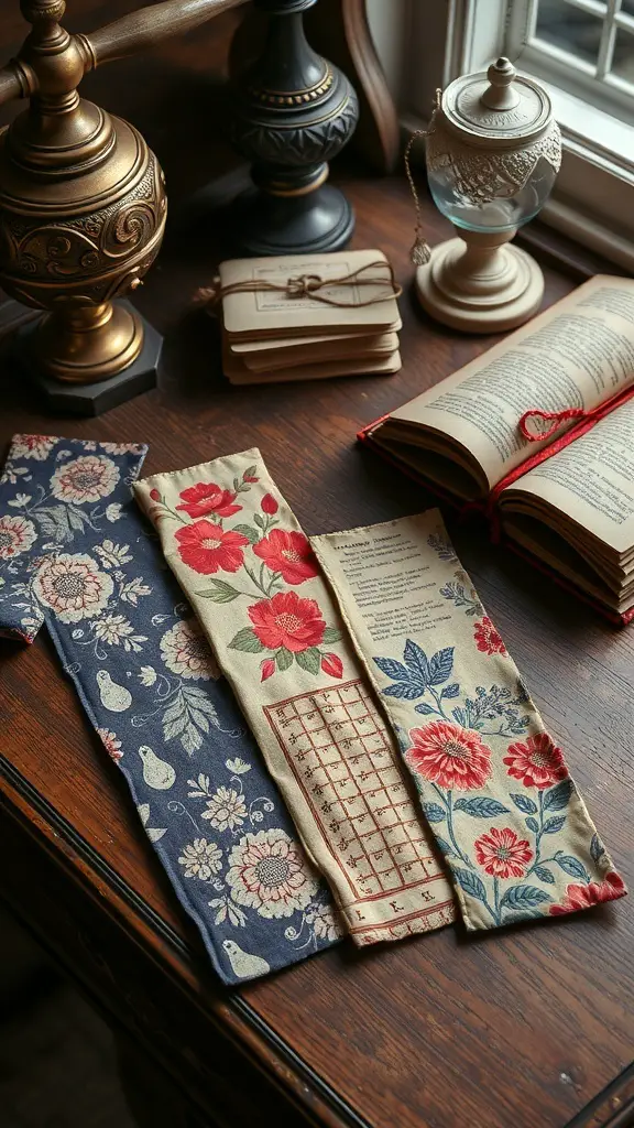 27+ Creative Fabric Bookmark Ideas to Elevate Your Reading Experience 9 Three vintage fabric bookmarks with floral patterns on a wooden table