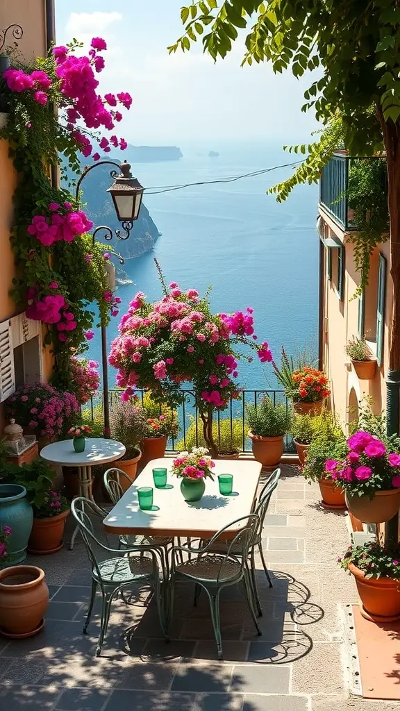 27+ Stunning Italian Terrace Ideas for Your Outdoor Escape 3 A charming terrace with colorful flowers overlooking the sea