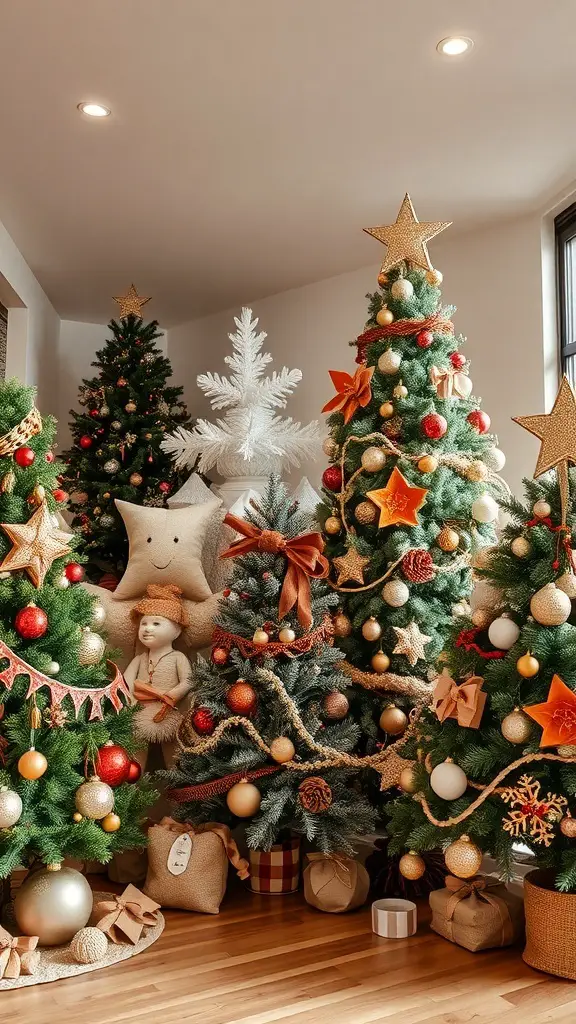A collection of themed Christmas trees with earthy decorations and a whimsical snowman figure.