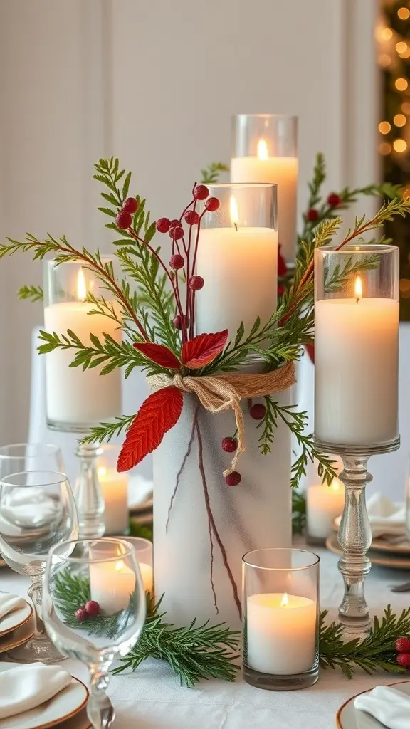A festive centerpiece featuring frosted glass vases with candles, surrounded by greenery and red accents.
