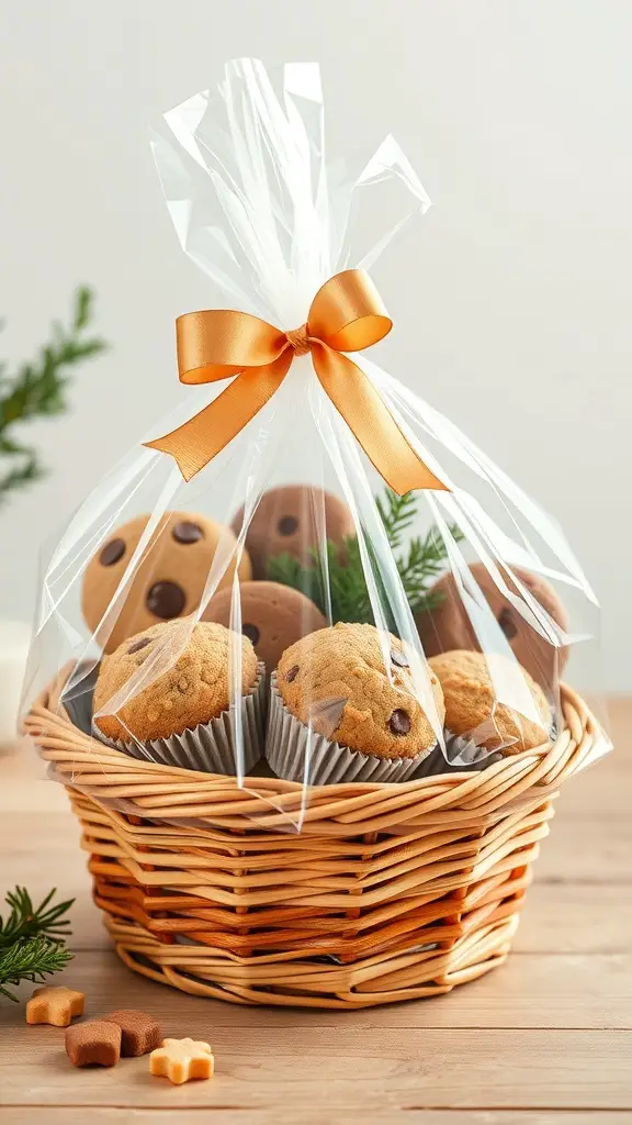 A beautifully arranged gift basket filled with cookies and muffins, wrapped in clear plastic and tied with an orange ribbon.