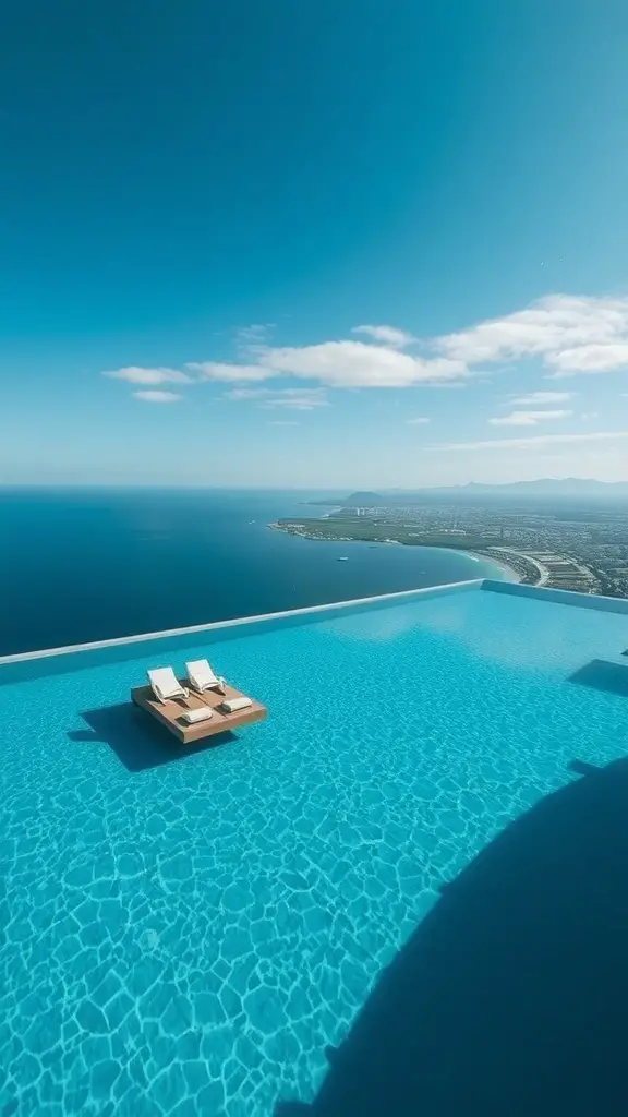A stunning infinity pool overlooking the ocean with two lounge chairs on a wooden platform.