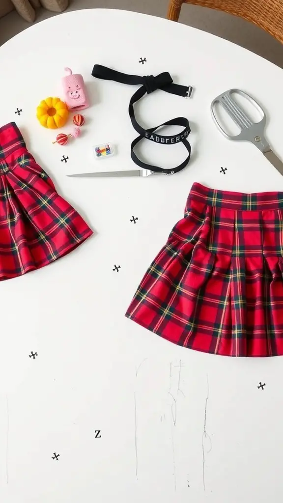 DIY 2000s costume ideas featuring plaid skirts and crafting tools