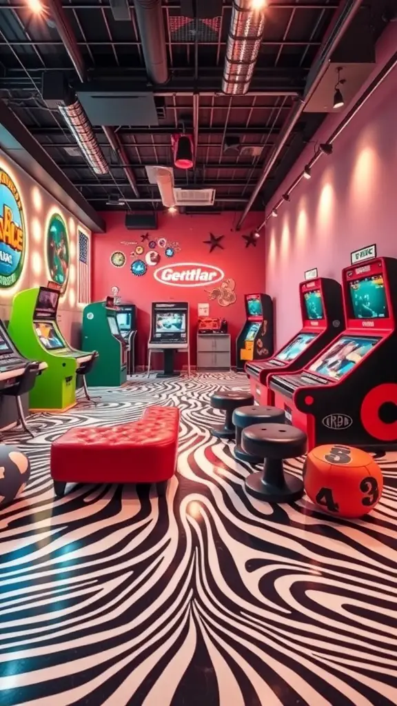 25+ Stunning Geometric Rug Designs for Your Home 14 A colorful arcade room featuring a black and white optical illusion floor design.