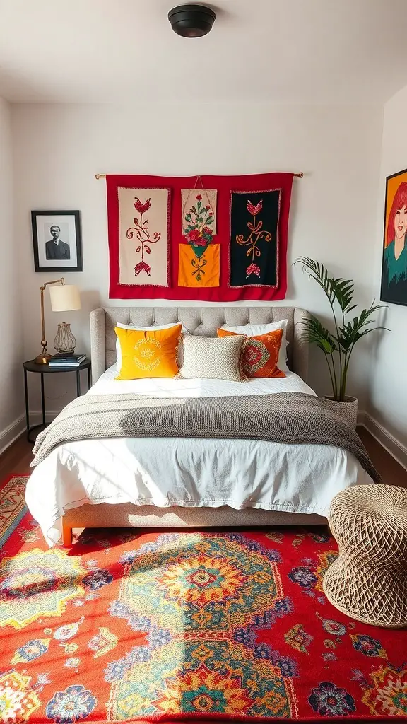 35+ Stunning Small Bedroom Interior Ideas for Cozy Spaces 11 A small bedroom featuring colorful accent pieces, including vibrant pillows, a decorative rug, and wall art.