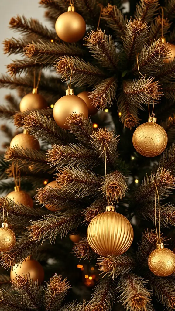 A beautifully decorated brown and gold Christmas tree with artisan-crafted gold ornaments.