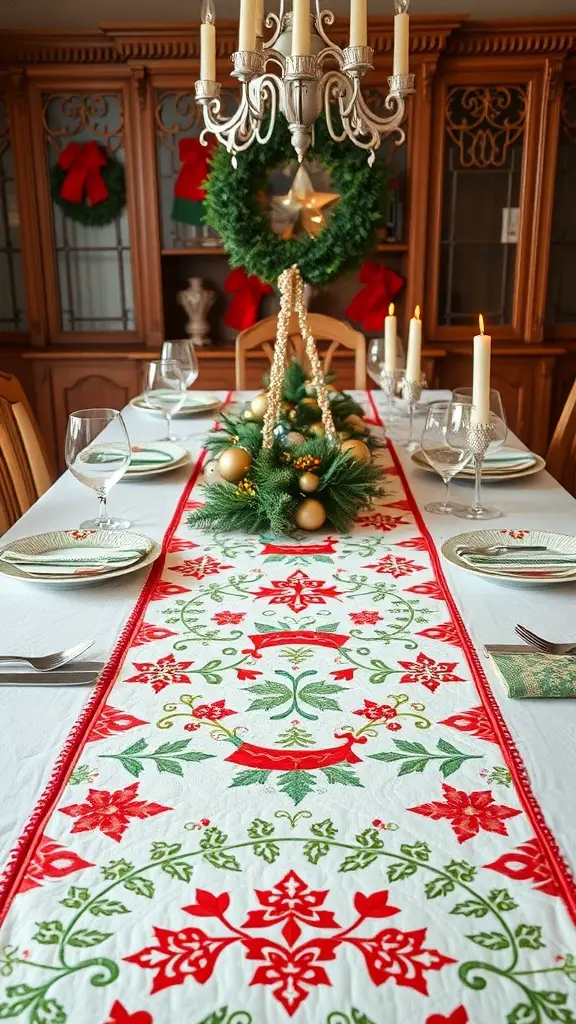 33+ Must-Try Christmas Sewing Patterns for Festive Fun 3 A festive table runner with red and green patterns on a dining table decorated for Christmas.