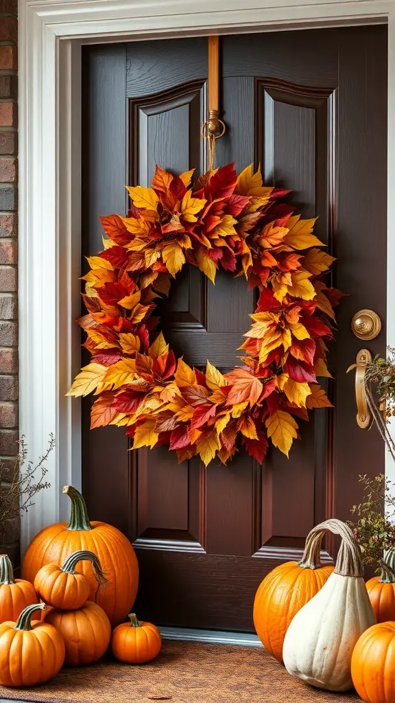 A vibrant autumn leaf wreath hanging on a brown door, surrounded by pumpkins.