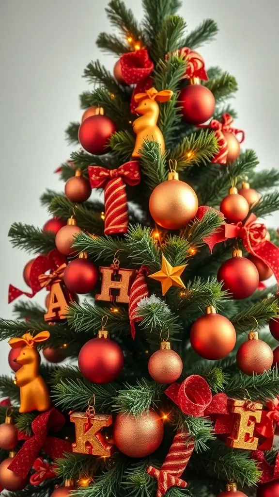 A beautifully decorated Christmas tree featuring copper and bright red ornaments, ribbons, and letters spelling 'HOPE'.