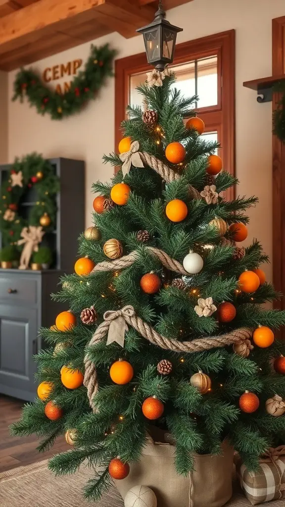 A decorated Christmas tree with orange ornaments, pinecones, and natural twine, set in a cozy room.