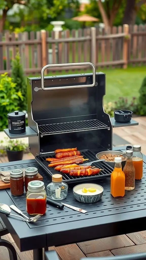 A gourmet BBQ grill set with sausages and skewers cooking, surrounded by sauces and drinks on a table.
