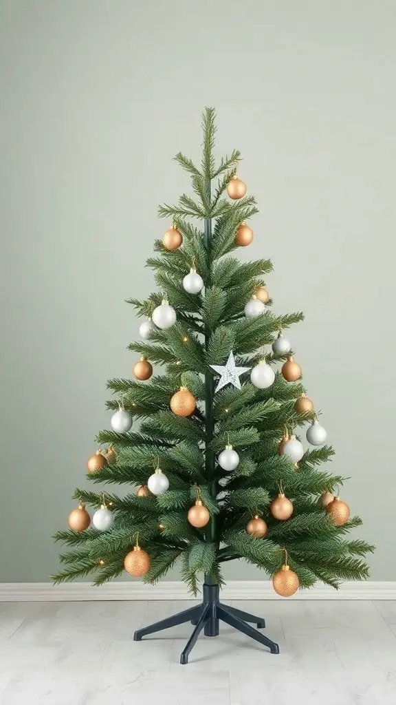 A minimalist sage green Christmas tree decorated with silver and copper ornaments against a light background.