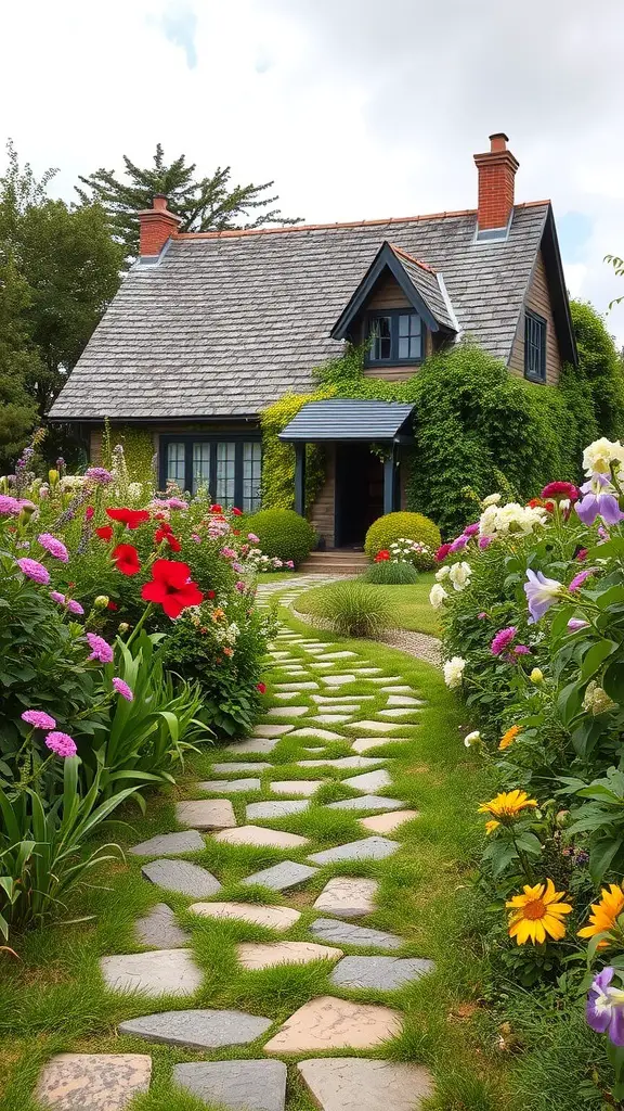 A stone pathway winding through colorful flower beds leading to a charming house.
