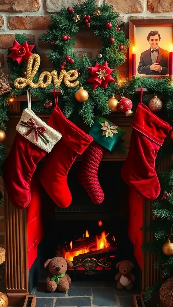 A cozy fireplace adorned with opulent red velvet stockings, a festive wreath, and decorative elements.