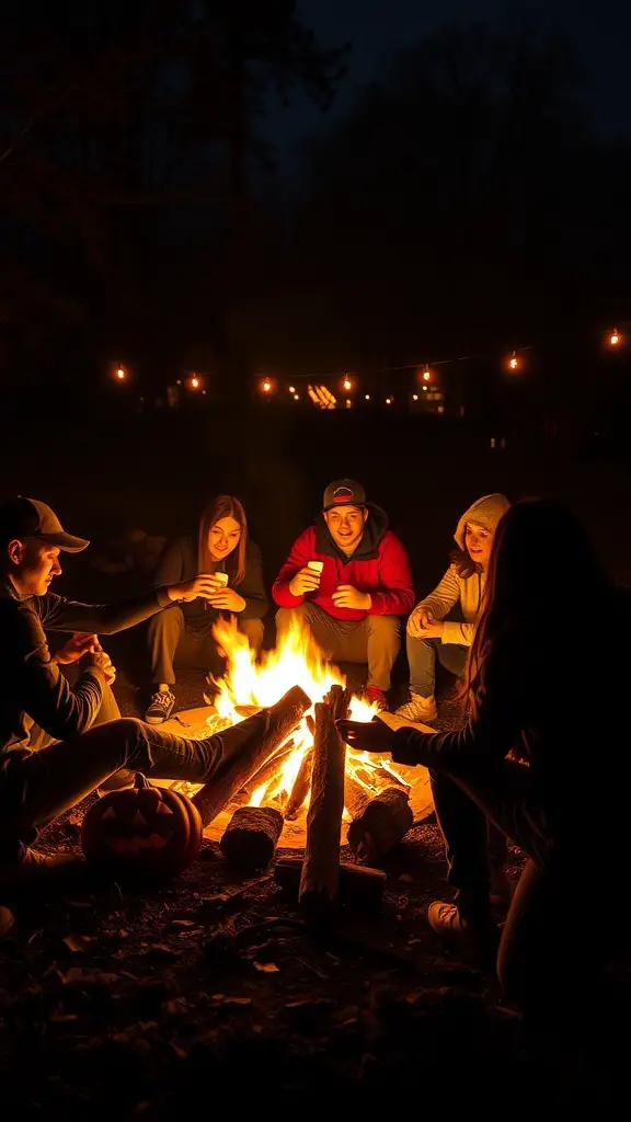 Group of friends gathered around a bonfire at night, with a carved pumpkin and string lights in the background.