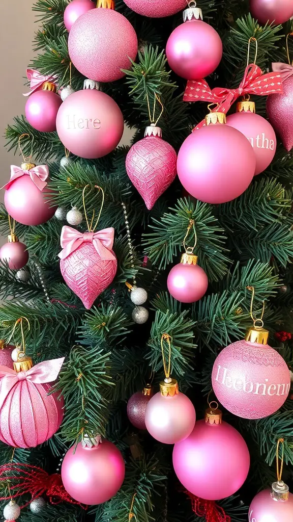 A close-up view of personalized pink and champagne ornaments on a Christmas tree.