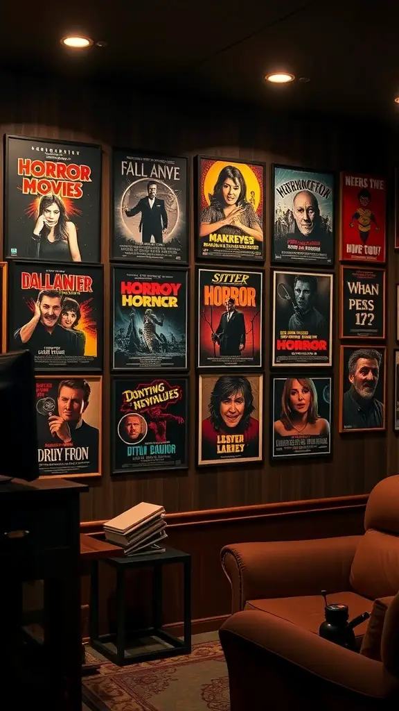 A collection of vintage horror movie posters displayed on a wall.