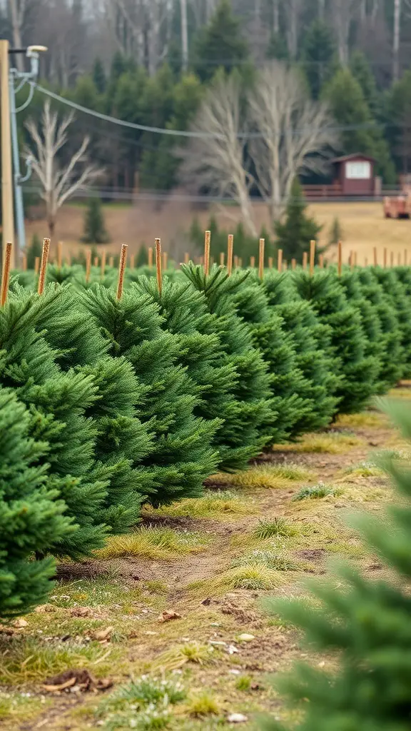 Rows of dark green Christmas trees on a farm