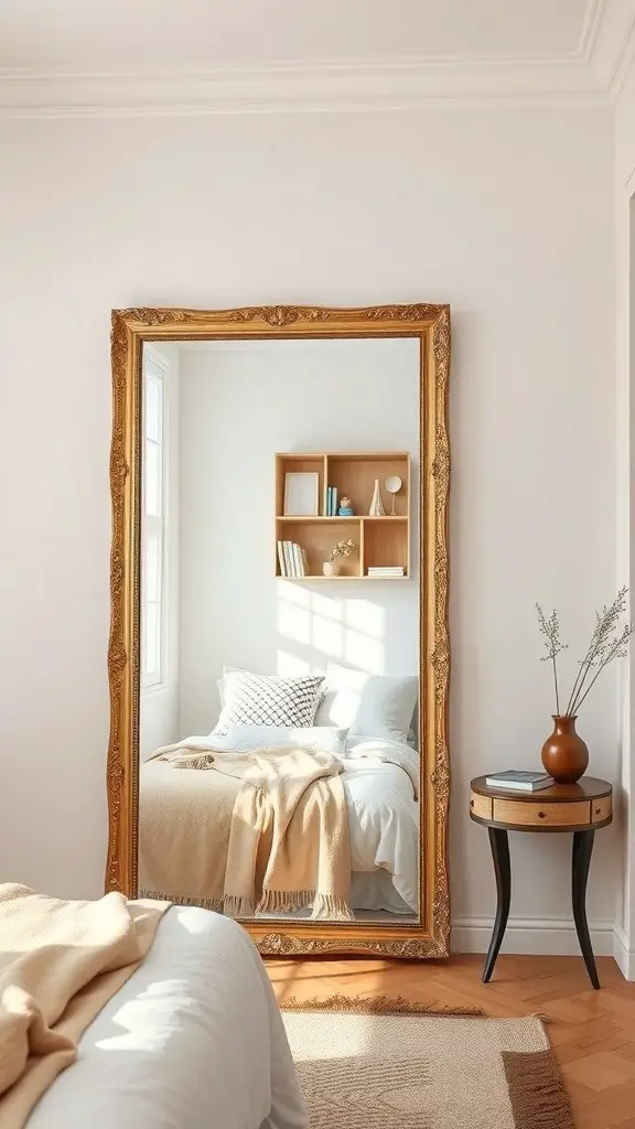 25+ Adorable Small Bedroom Ideas for a Cozy Retreat 11 A large ornate mirror reflecting a cozy small bedroom with a bed and decorative items.