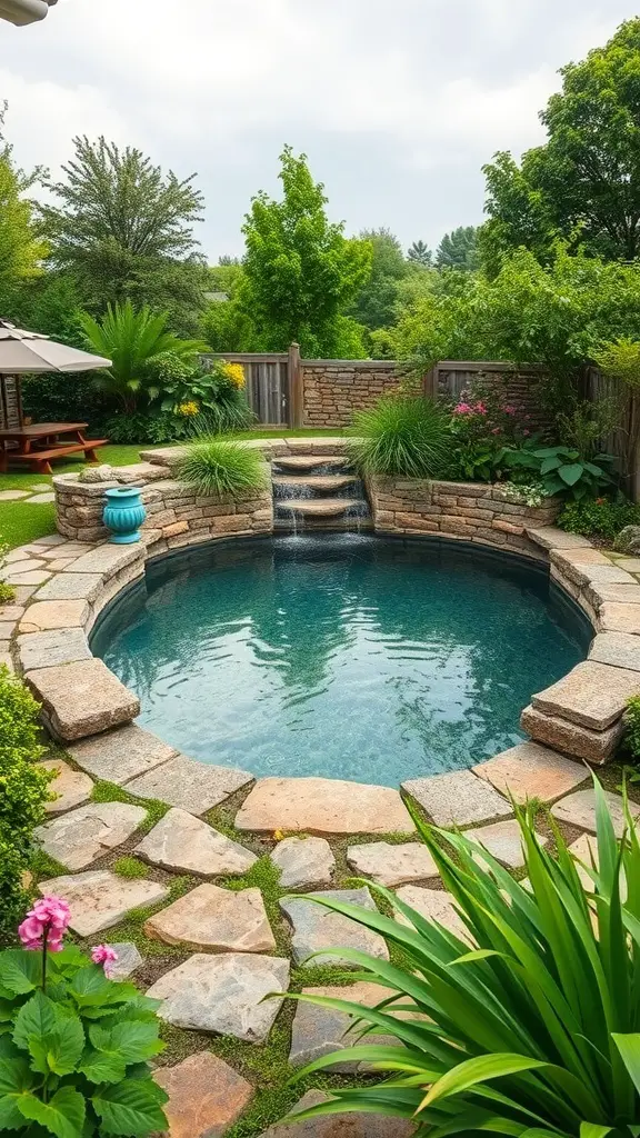 23+ Stunning Tuscan Pool Designs for Your Dream Backyard 9 A rustic stone pool surrounded by greenery and flowers, featuring a waterfall and natural stone steps.